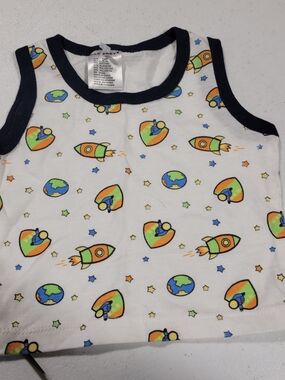Kids White Rocket & Planet Tank Top with Navy Trim